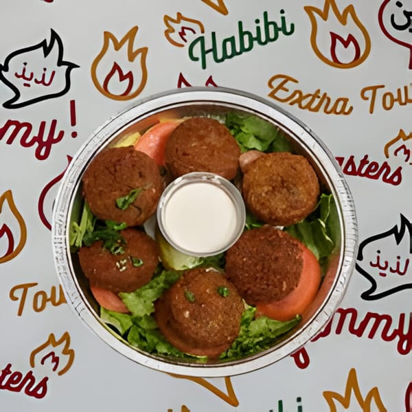A Yalla Shawarma falafel plate with six falafels, lettuce, tomatoes, and a side of white sauce.
